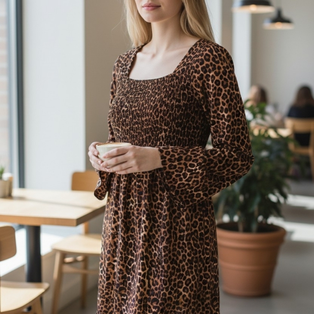 Elegant Long Sleeve Leopard Print Dress